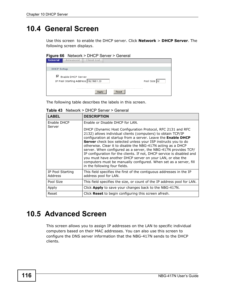 4 general screen, 5 advanced screen, 4 general screen 10.5 advanced screen | ZyXEL Communications NBG-417N User Manual | Page 116 / 270