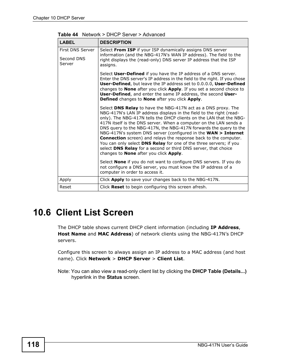 6 client list screen, Screen | ZyXEL Communications NBG-417N User Manual | Page 118 / 270