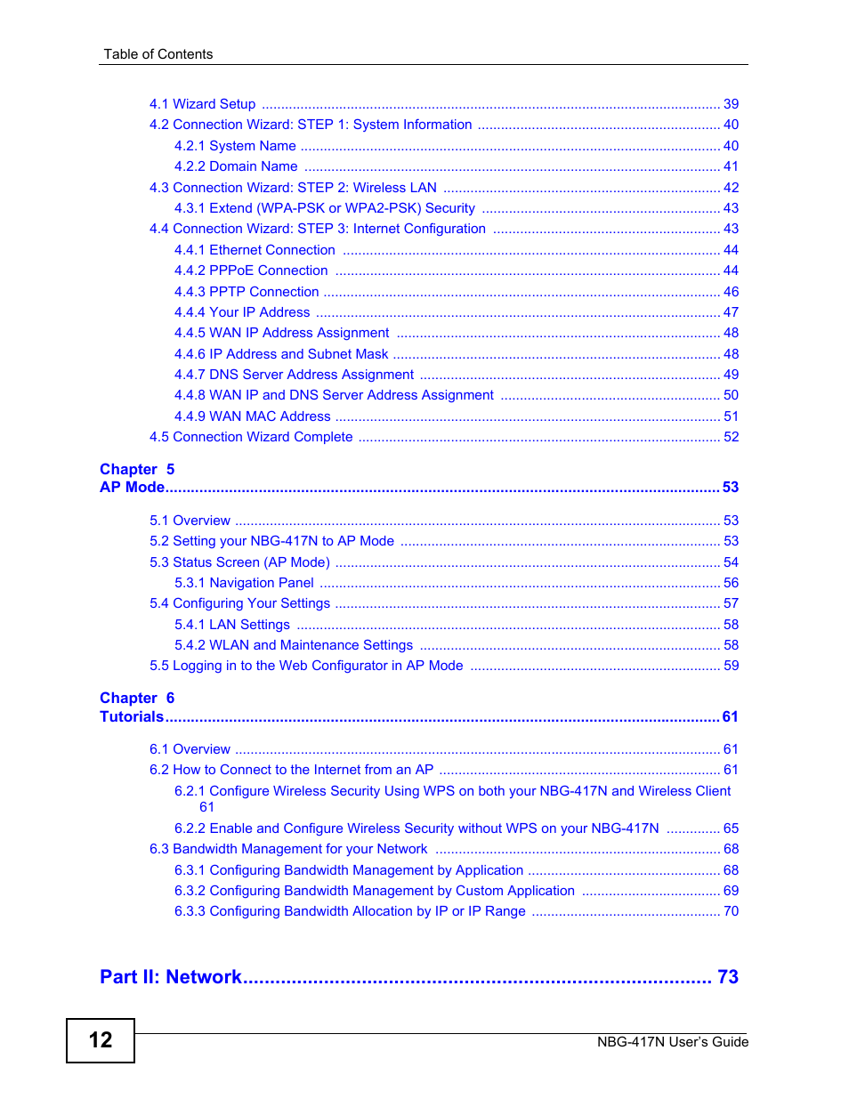 Part ii: network | ZyXEL Communications NBG-417N User Manual | Page 12 / 270