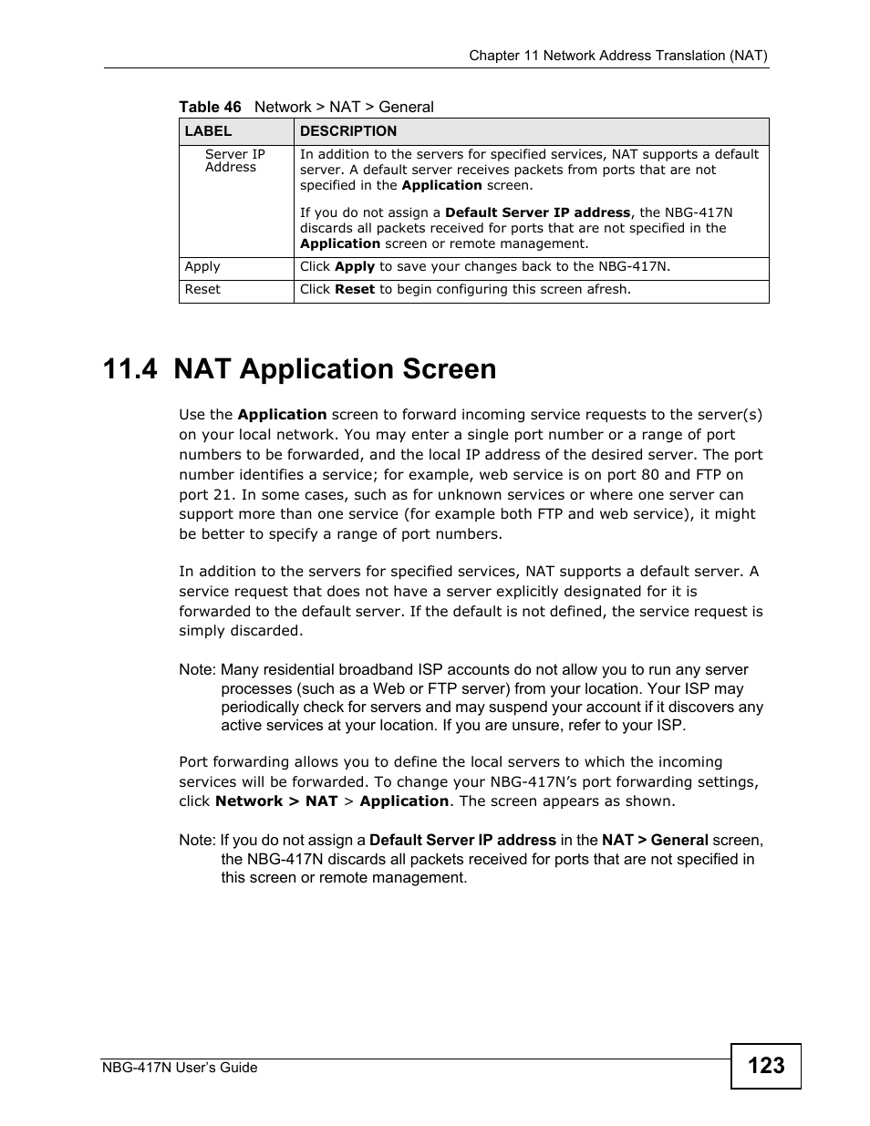 4 nat application screen | ZyXEL Communications NBG-417N User Manual | Page 123 / 270