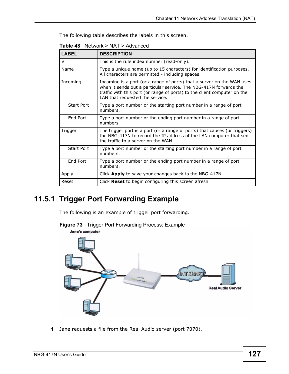 1 trigger port forwarding example | ZyXEL Communications NBG-417N User Manual | Page 127 / 270
