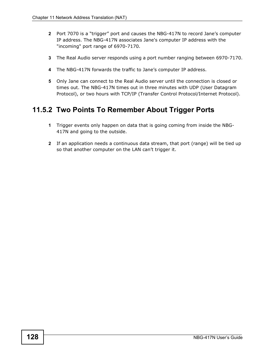 2 two points to remember about trigger ports | ZyXEL Communications NBG-417N User Manual | Page 128 / 270