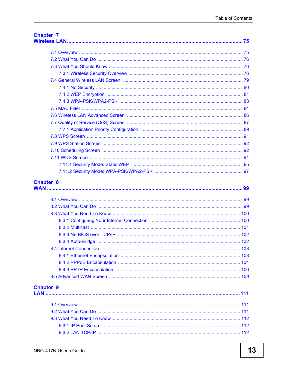 ZyXEL Communications NBG-417N User Manual | Page 13 / 270