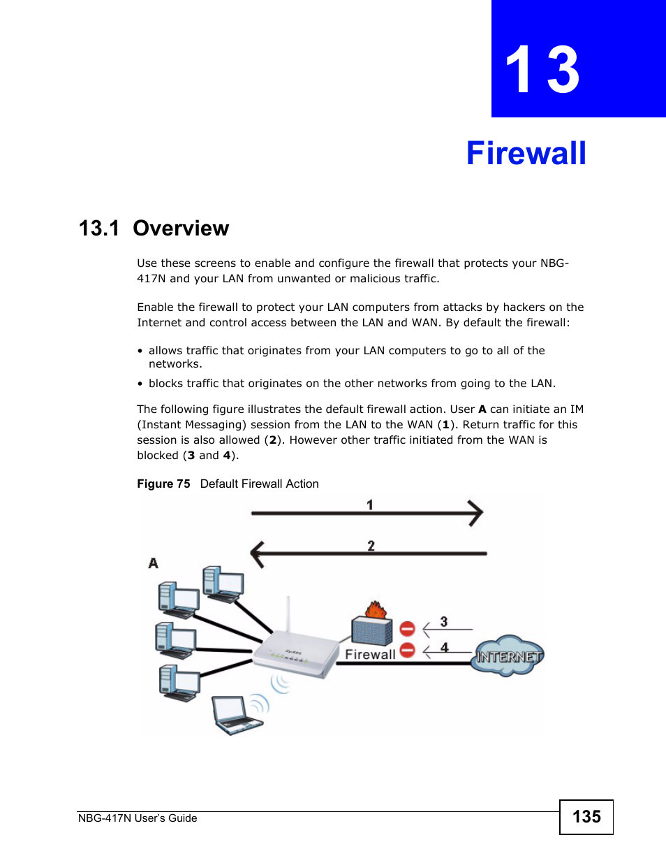 Firewall, 1 overview, Chapter 13 firewall | ZyXEL Communications NBG-417N User Manual | Page 135 / 270