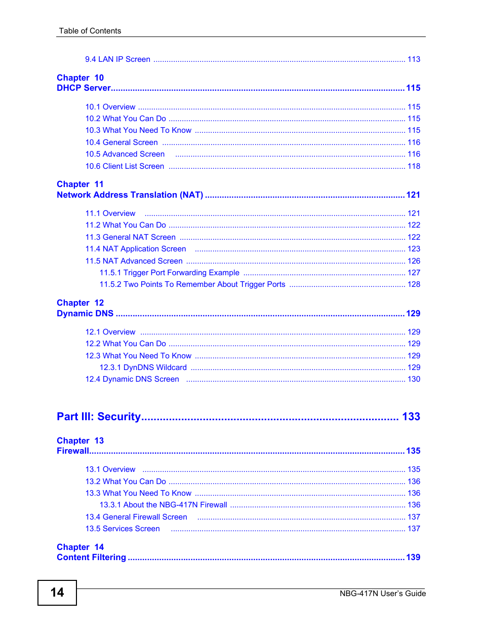 Part iii: security | ZyXEL Communications NBG-417N User Manual | Page 14 / 270