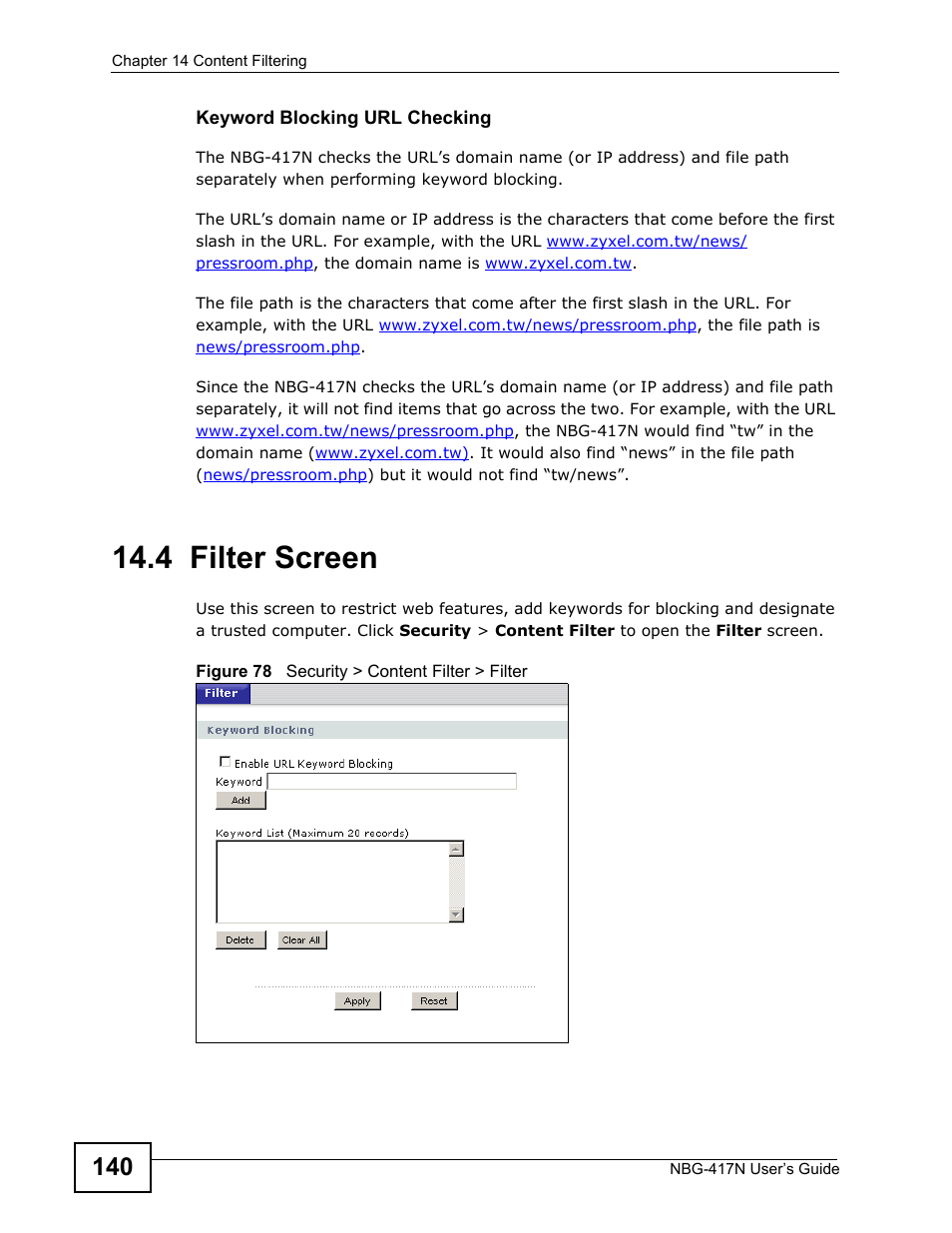 4 filter screen | ZyXEL Communications NBG-417N User Manual | Page 140 / 270