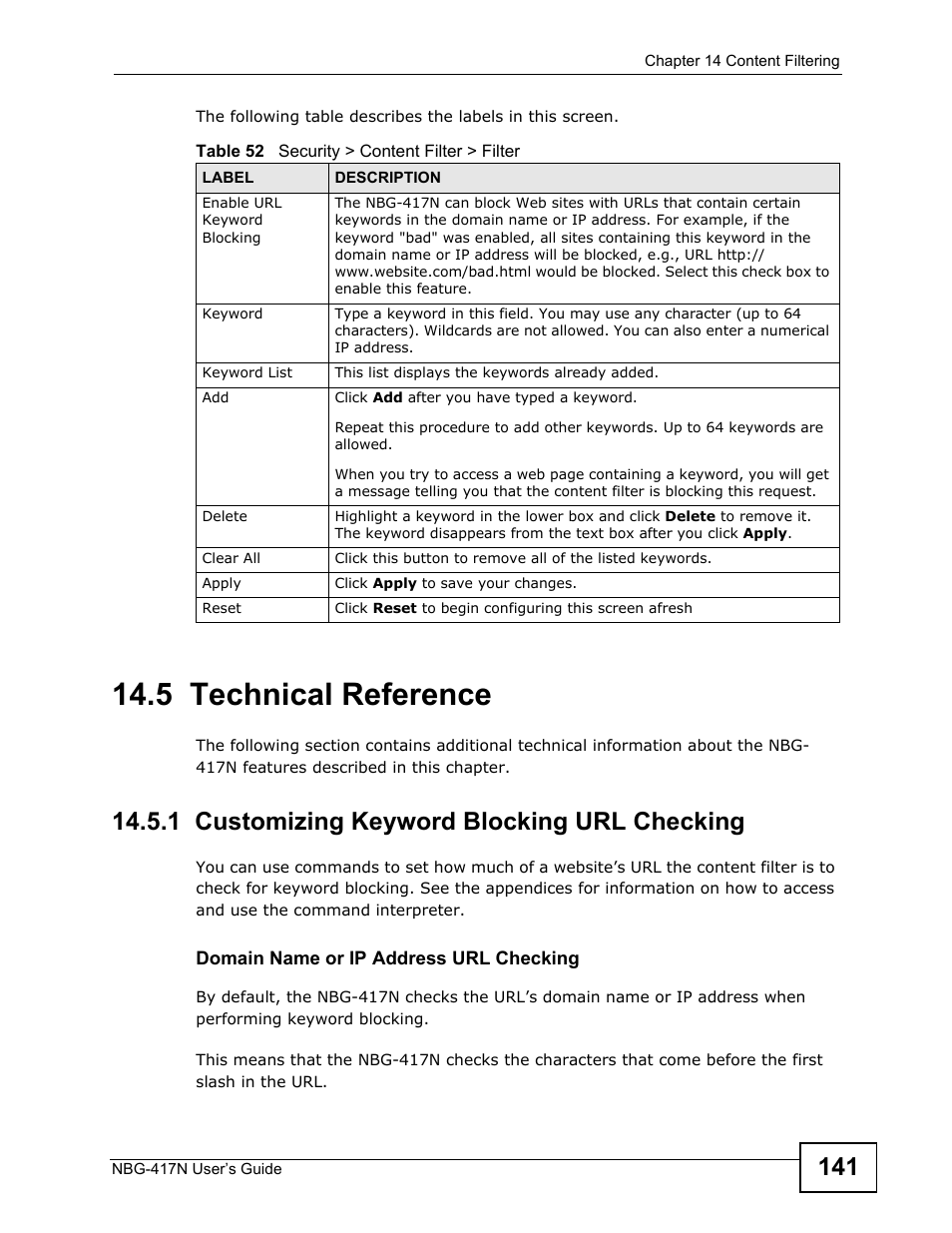 5 technical reference, 1 customizing keyword blocking url checking | ZyXEL Communications NBG-417N User Manual | Page 141 / 270