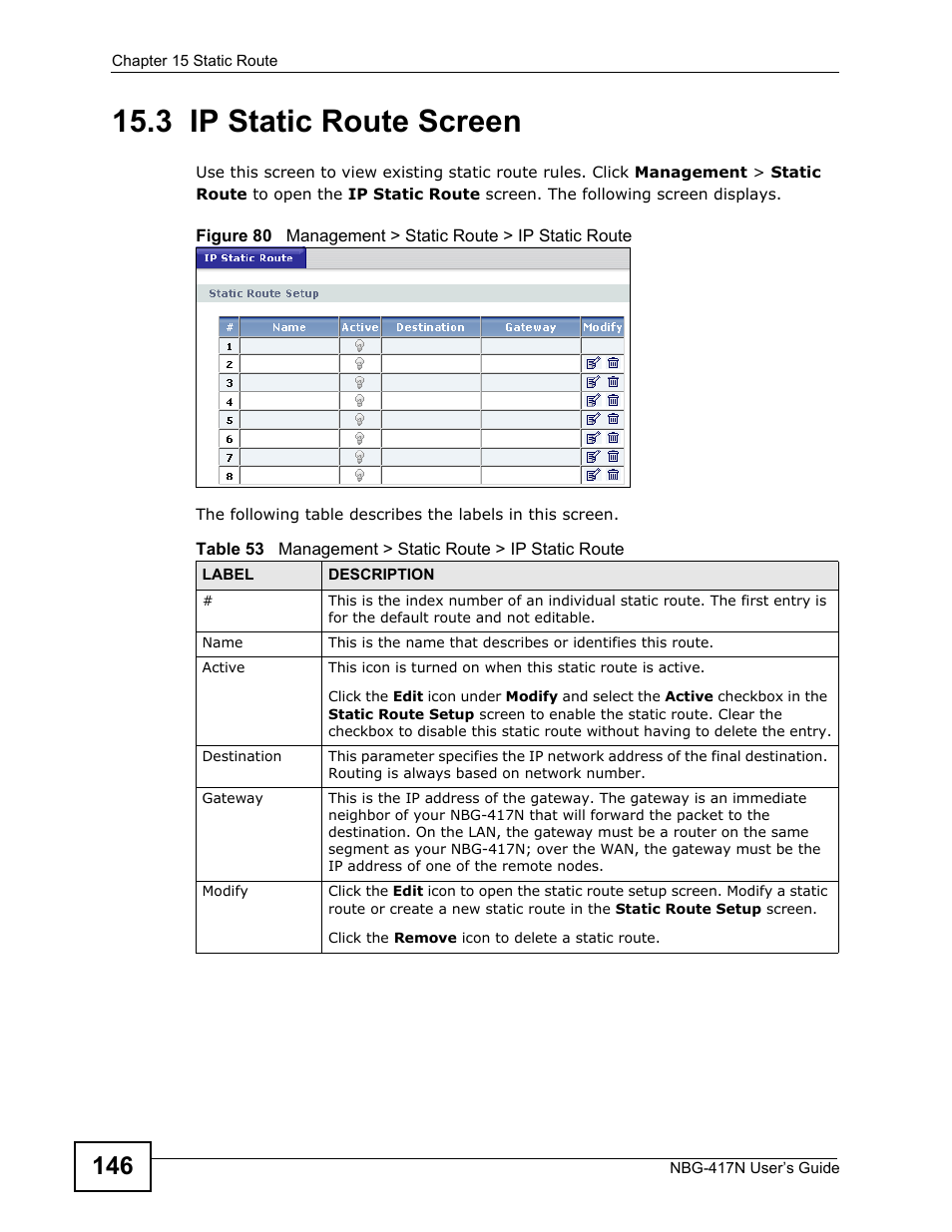 3 ip static route screen | ZyXEL Communications NBG-417N User Manual | Page 146 / 270