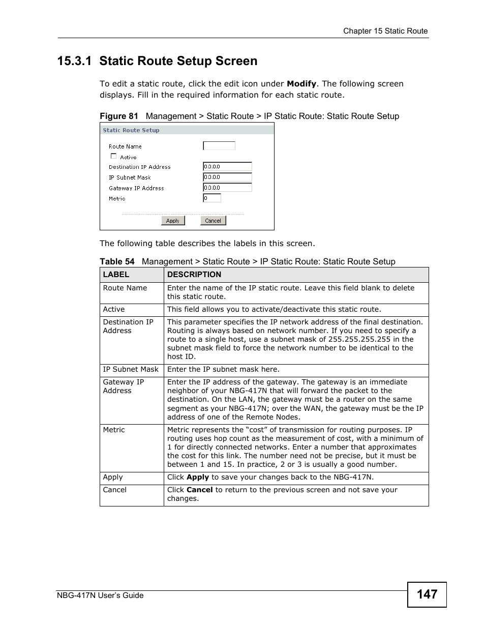 1 static route setup screen | ZyXEL Communications NBG-417N User Manual | Page 147 / 270