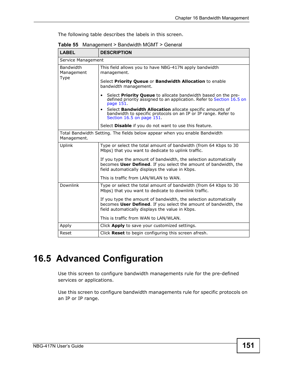 5 advanced configuration | ZyXEL Communications NBG-417N User Manual | Page 151 / 270