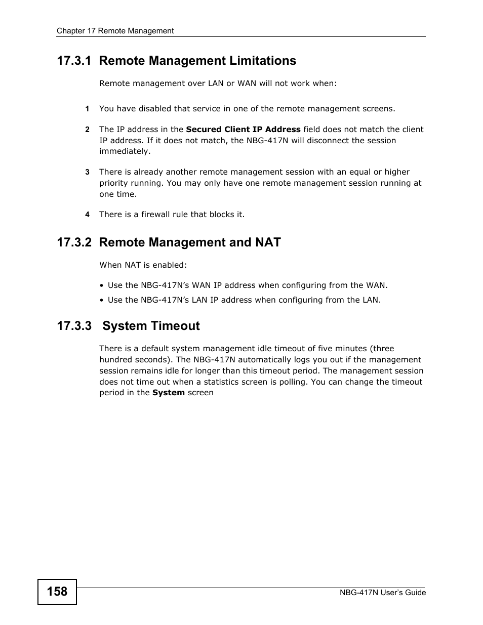 1 remote management limitations, 2 remote management and nat, 3 system timeout | ZyXEL Communications NBG-417N User Manual | Page 158 / 270