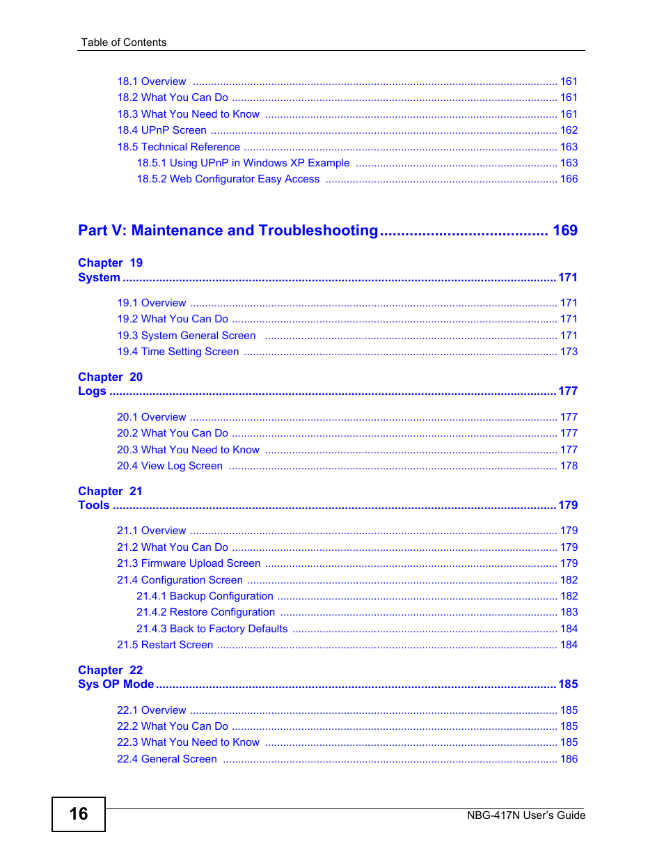 Part v: maintenance and troubleshooting | ZyXEL Communications NBG-417N User Manual | Page 16 / 270