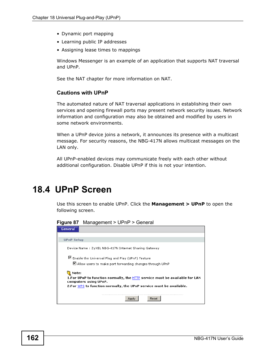 4 upnp screen | ZyXEL Communications NBG-417N User Manual | Page 162 / 270