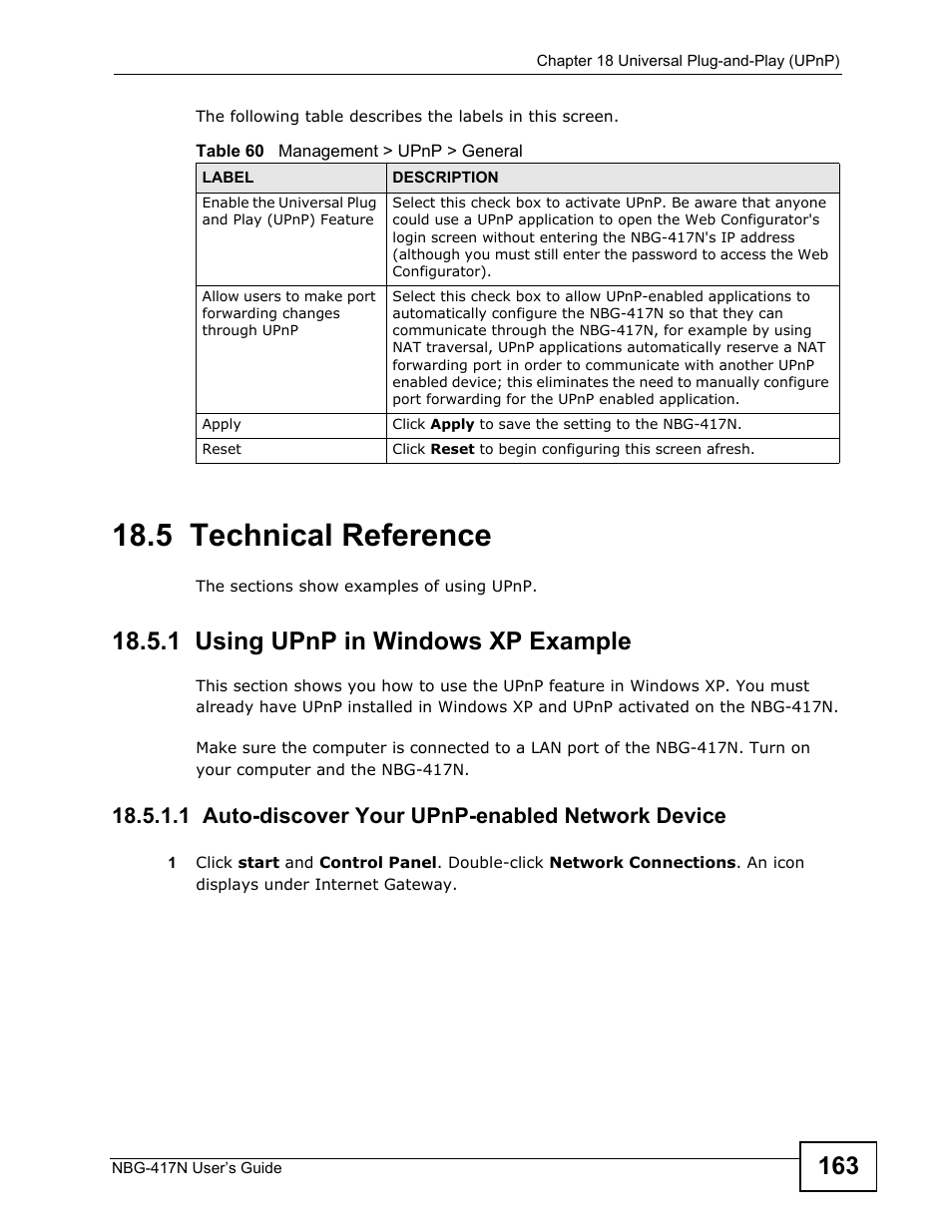 5 technical reference, 1 using upnp in windows xp example, 1 auto-discover your upnp-enabled network device | ZyXEL Communications NBG-417N User Manual | Page 163 / 270