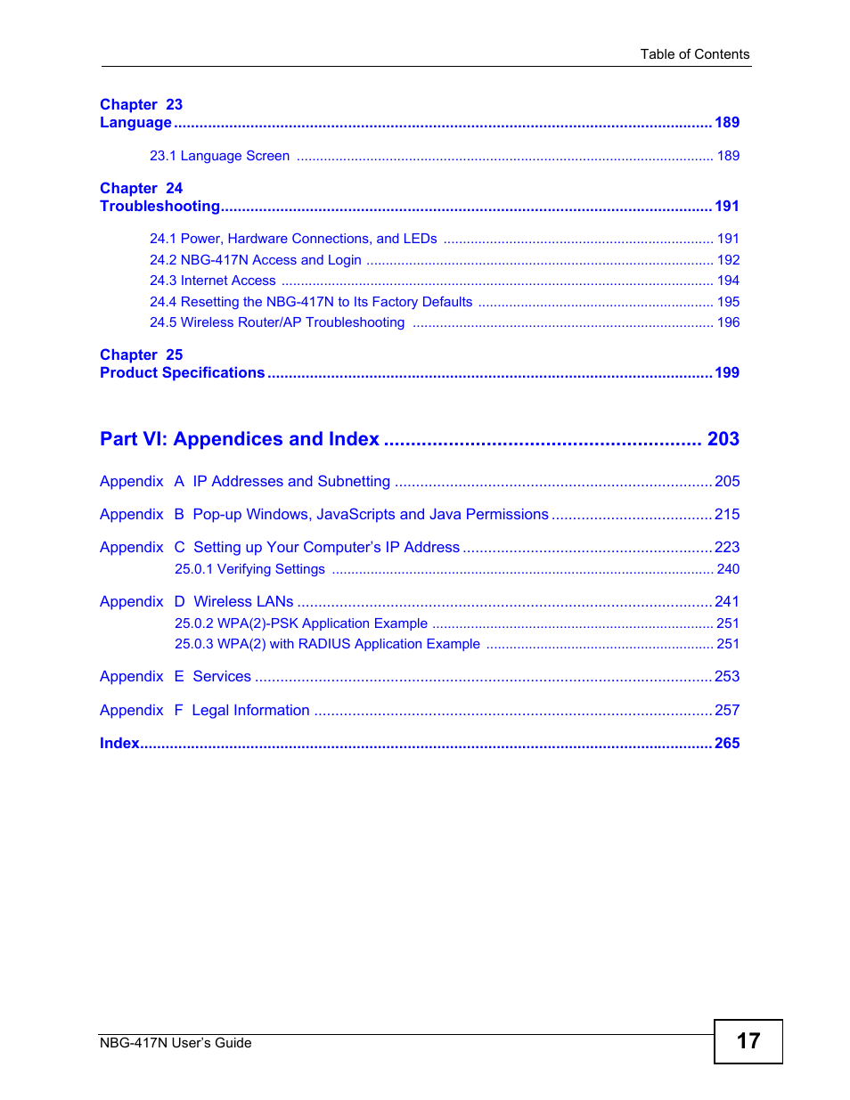 Part vi: appendices and index | ZyXEL Communications NBG-417N User Manual | Page 17 / 270
