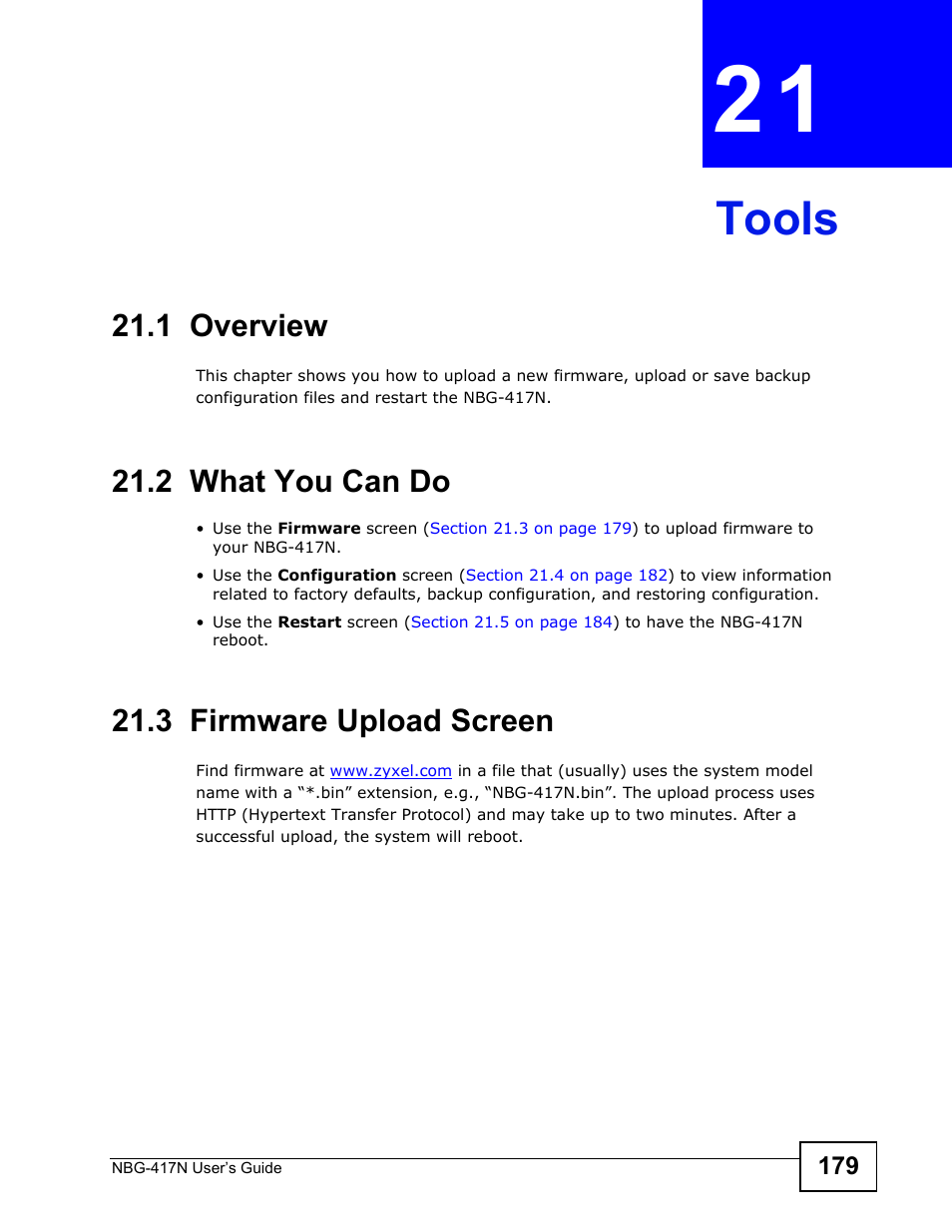 Tools, 1 overview, 2 what you can do | 3 firmware upload screen, Chapter 21 tools, Tools (179) | ZyXEL Communications NBG-417N User Manual | Page 179 / 270