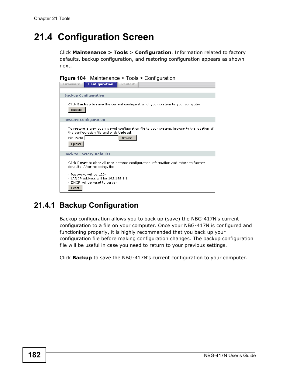 4 configuration screen, 1 backup configuration | ZyXEL Communications NBG-417N User Manual | Page 182 / 270