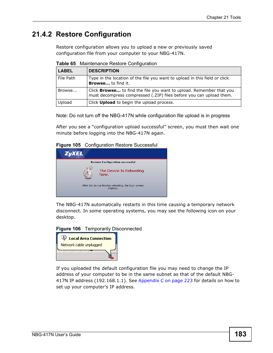 2 restore configuration | ZyXEL Communications NBG-417N User Manual | Page 183 / 270
