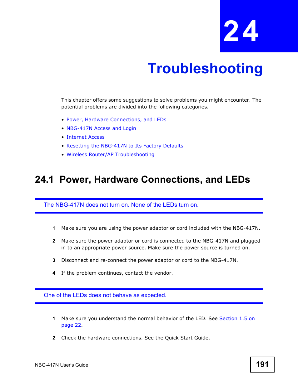 Troubleshooting, 1 power, hardware connections, and leds, Chapter 24 troubleshooting | Troubleshooting (191) | ZyXEL Communications NBG-417N User Manual | Page 191 / 270