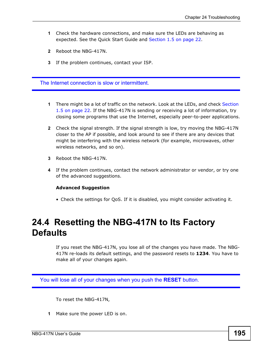 4 resetting the nbg-417n to its factory defaults, Resetting the nbg-417n to its factory defaults | ZyXEL Communications NBG-417N User Manual | Page 195 / 270