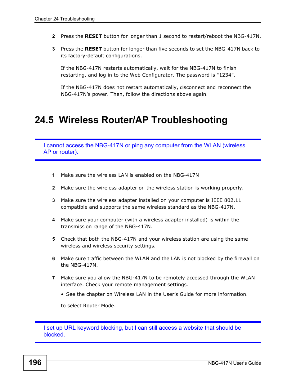 5 wireless router/ap troubleshooting, Wireless router/ap troubleshooting | ZyXEL Communications NBG-417N User Manual | Page 196 / 270