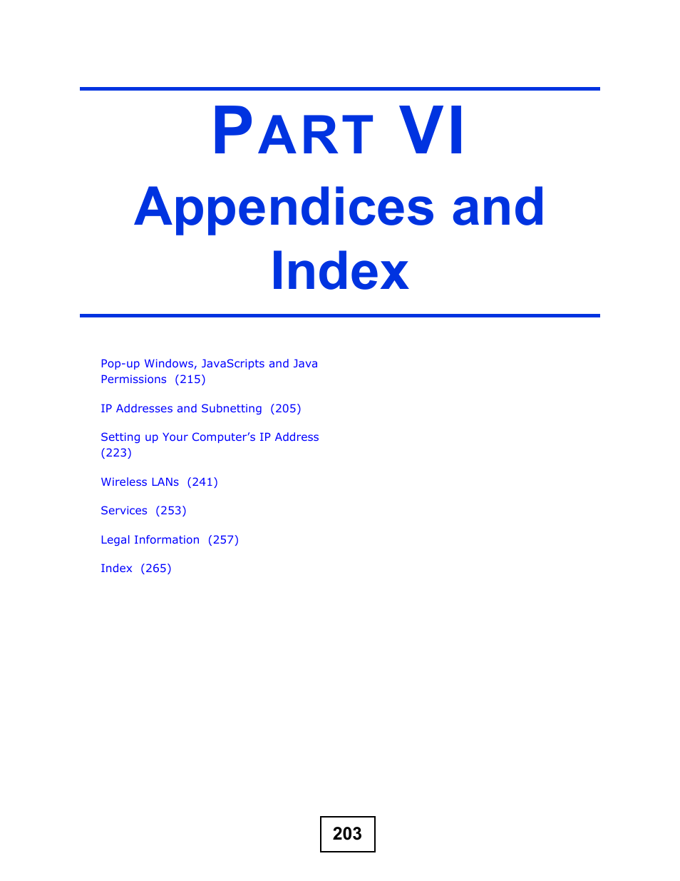 Appendices and index, Part vi: appendices and index | ZyXEL Communications NBG-417N User Manual | Page 203 / 270