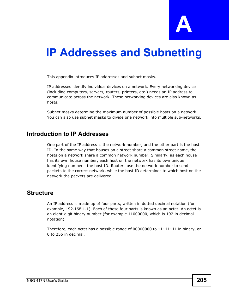 Ip addresses and subnetting, Appendix a ip addresses and subnetting, Ip addresses and subnetting (205) | ZyXEL Communications NBG-417N User Manual | Page 205 / 270