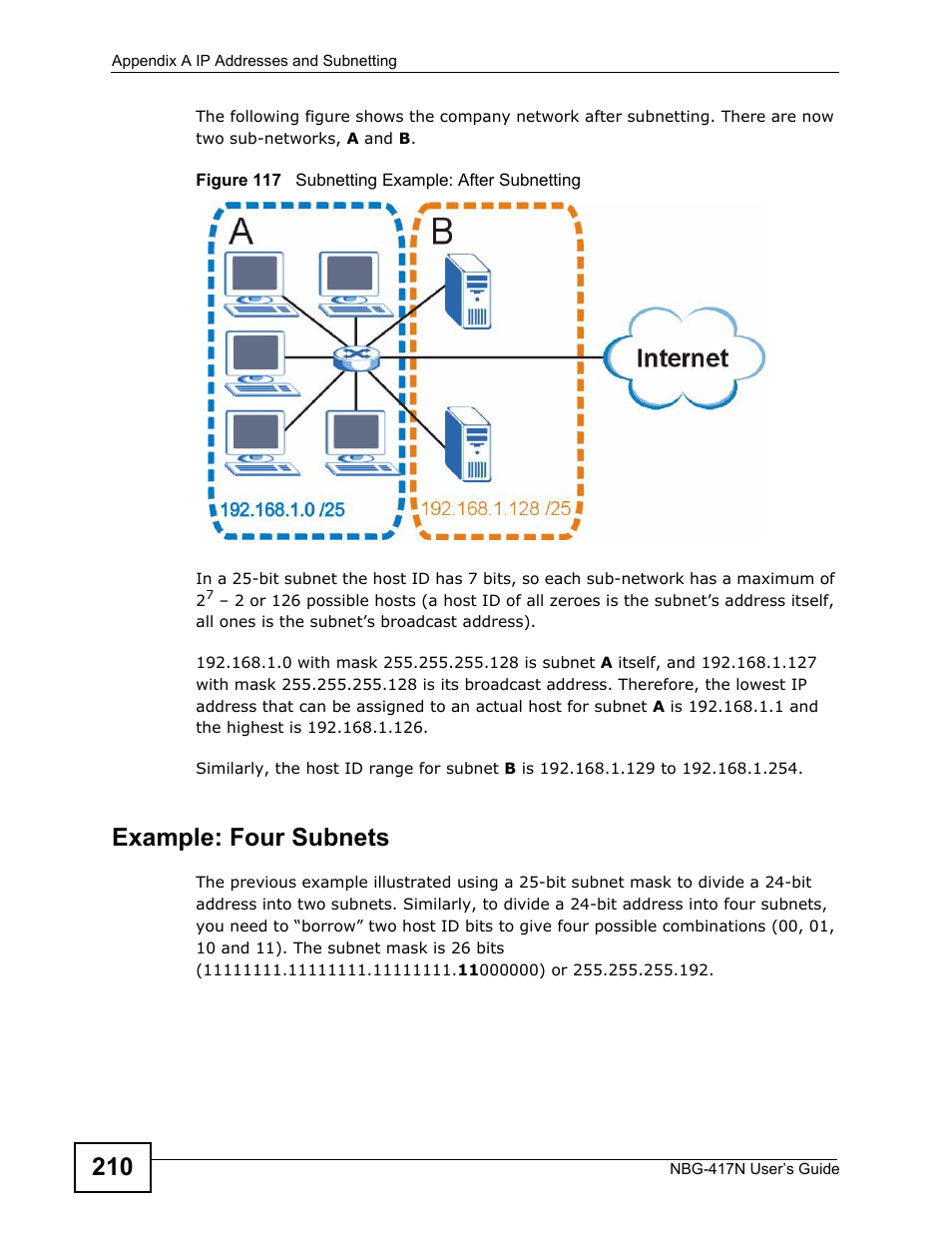Example: four subnets | ZyXEL Communications NBG-417N User Manual | Page 210 / 270