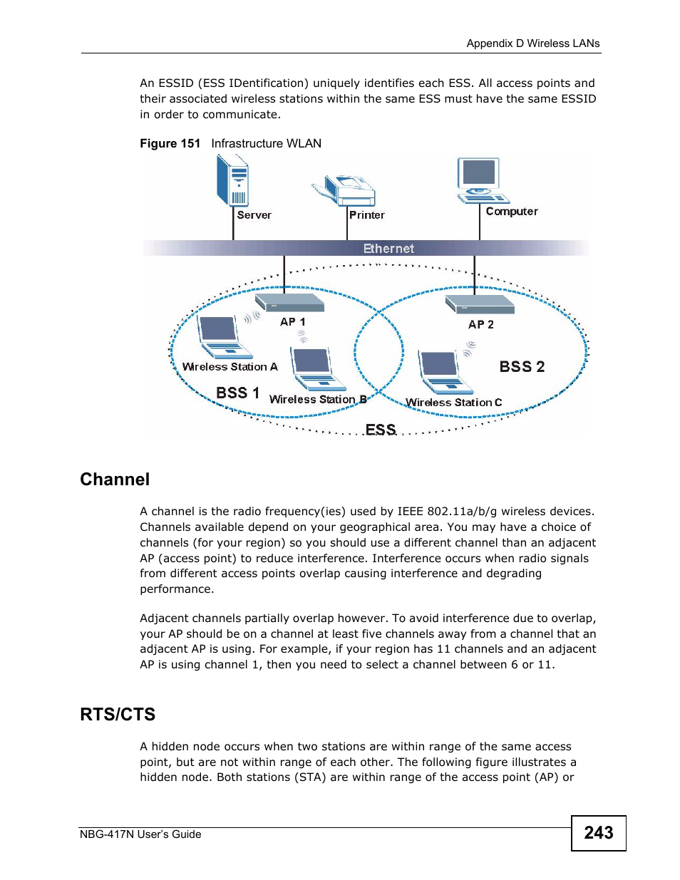 Channel, Rts/cts | ZyXEL Communications NBG-417N User Manual | Page 243 / 270