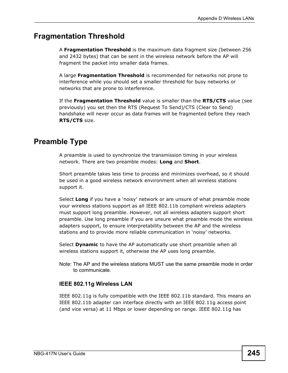 245 fragmentation threshold, Preamble type | ZyXEL Communications NBG-417N User Manual | Page 245 / 270