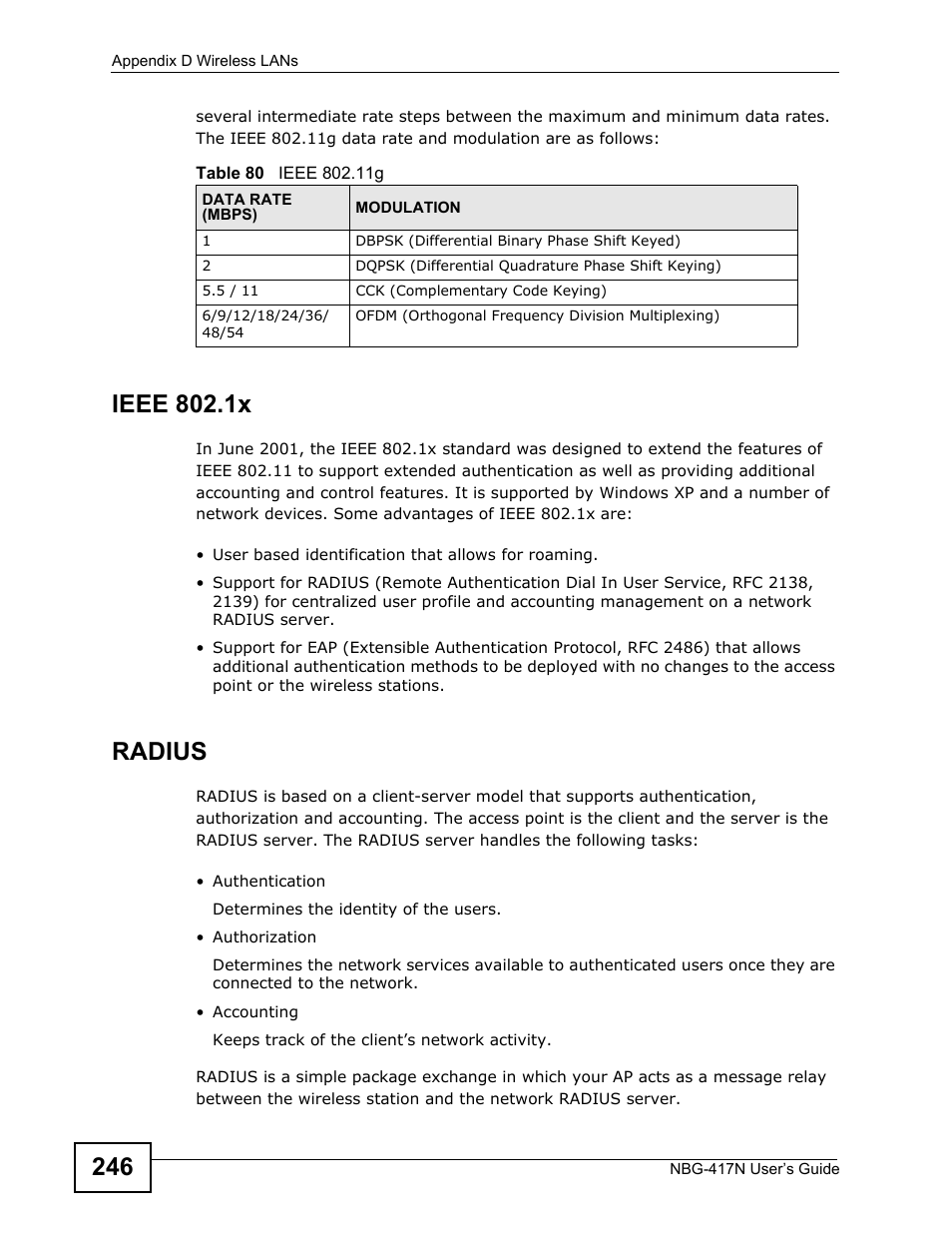 Ieee 802.1x, Radius | ZyXEL Communications NBG-417N User Manual | Page 246 / 270