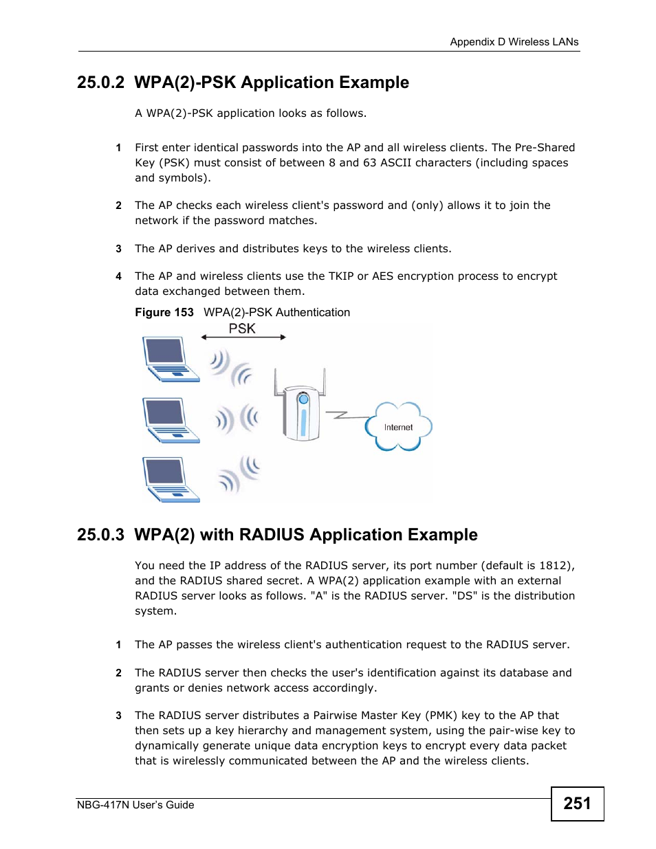 2 wpa(2)-psk application example, 3 wpa(2) with radius application example | ZyXEL Communications NBG-417N User Manual | Page 251 / 270