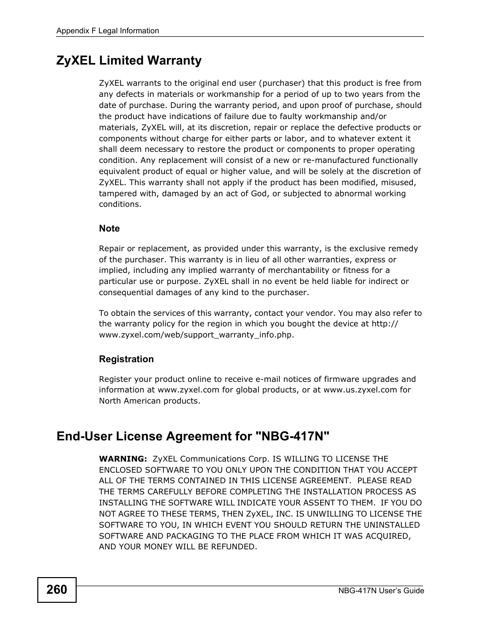 260 zyxel limited warranty, End-user license agreement for "nbg-417n | ZyXEL Communications NBG-417N User Manual | Page 260 / 270