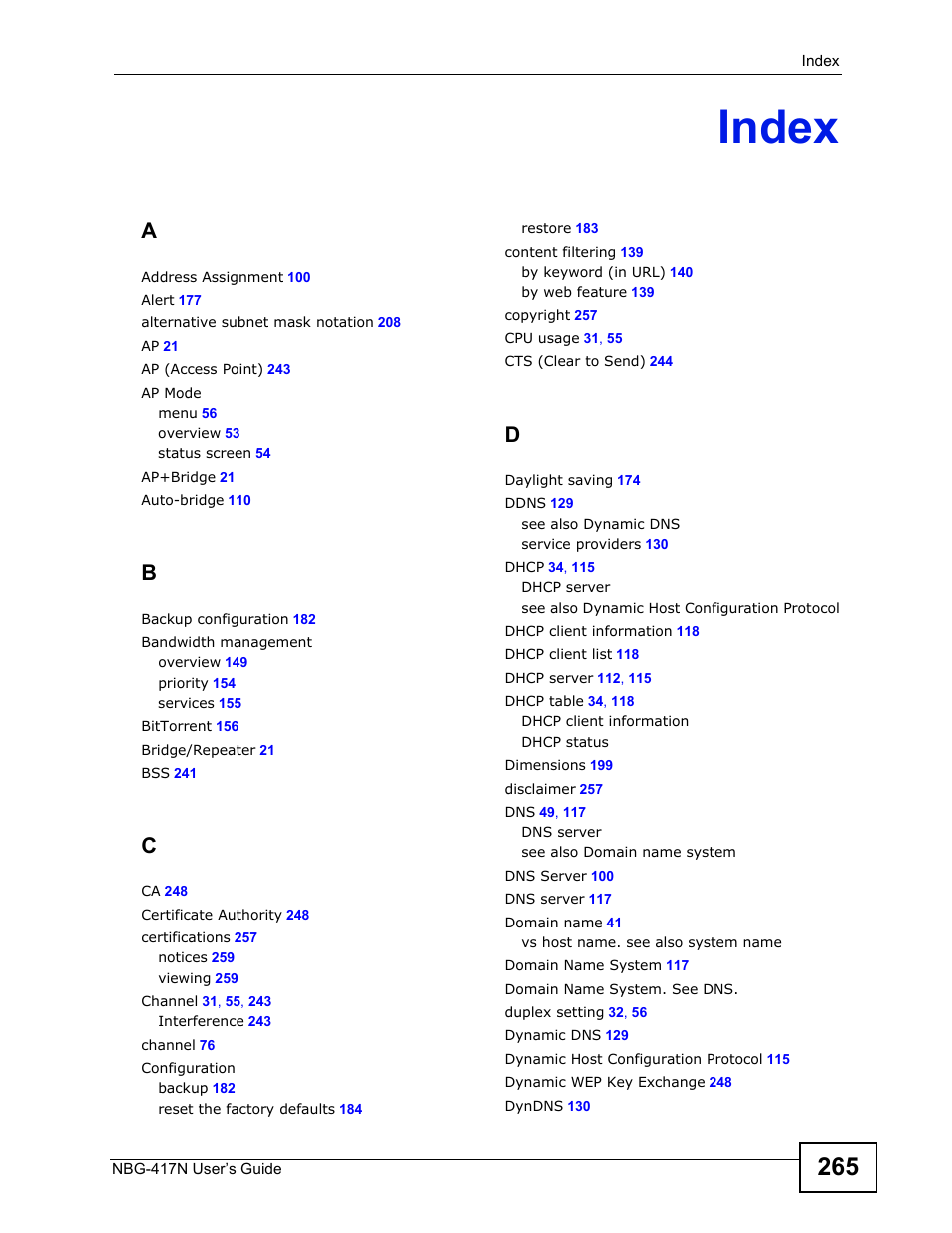 Index, Index (265) | ZyXEL Communications NBG-417N User Manual | Page 265 / 270