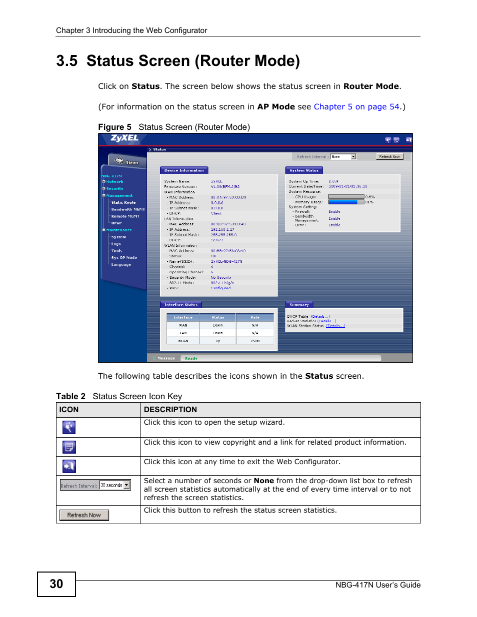 5 status screen (router mode) | ZyXEL Communications NBG-417N User Manual | Page 30 / 270