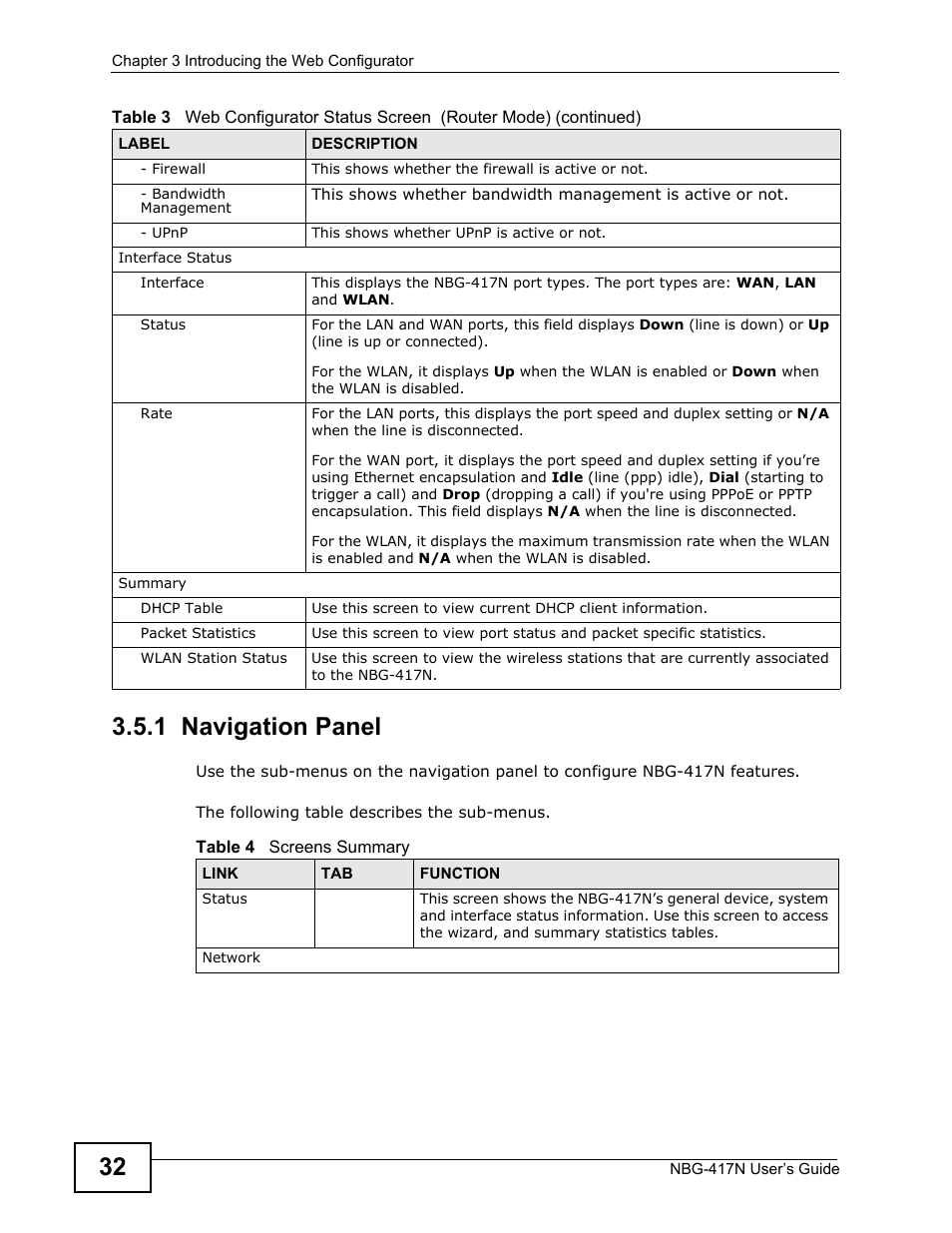 1 navigation panel | ZyXEL Communications NBG-417N User Manual | Page 32 / 270