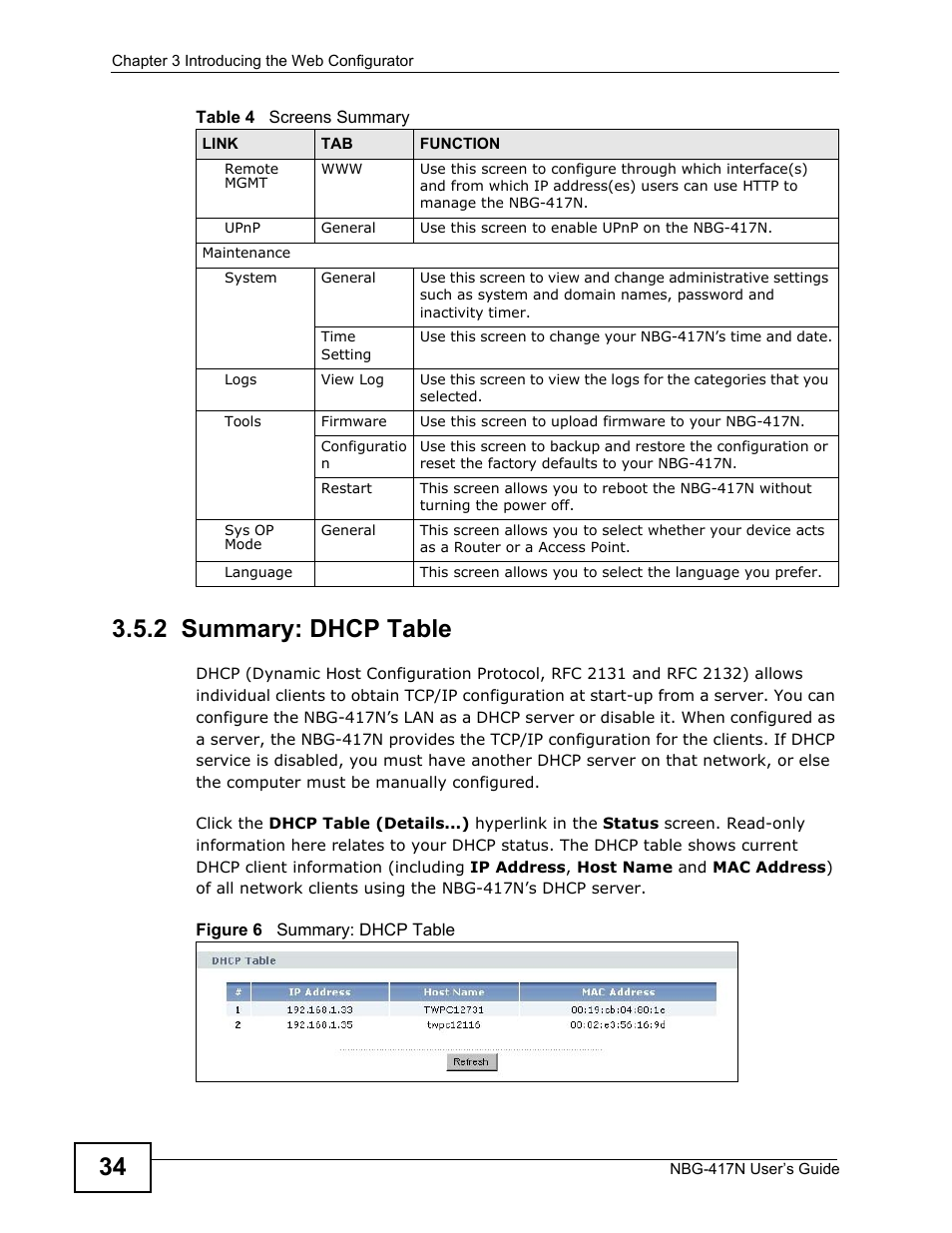 2 summary: dhcp table | ZyXEL Communications NBG-417N User Manual | Page 34 / 270
