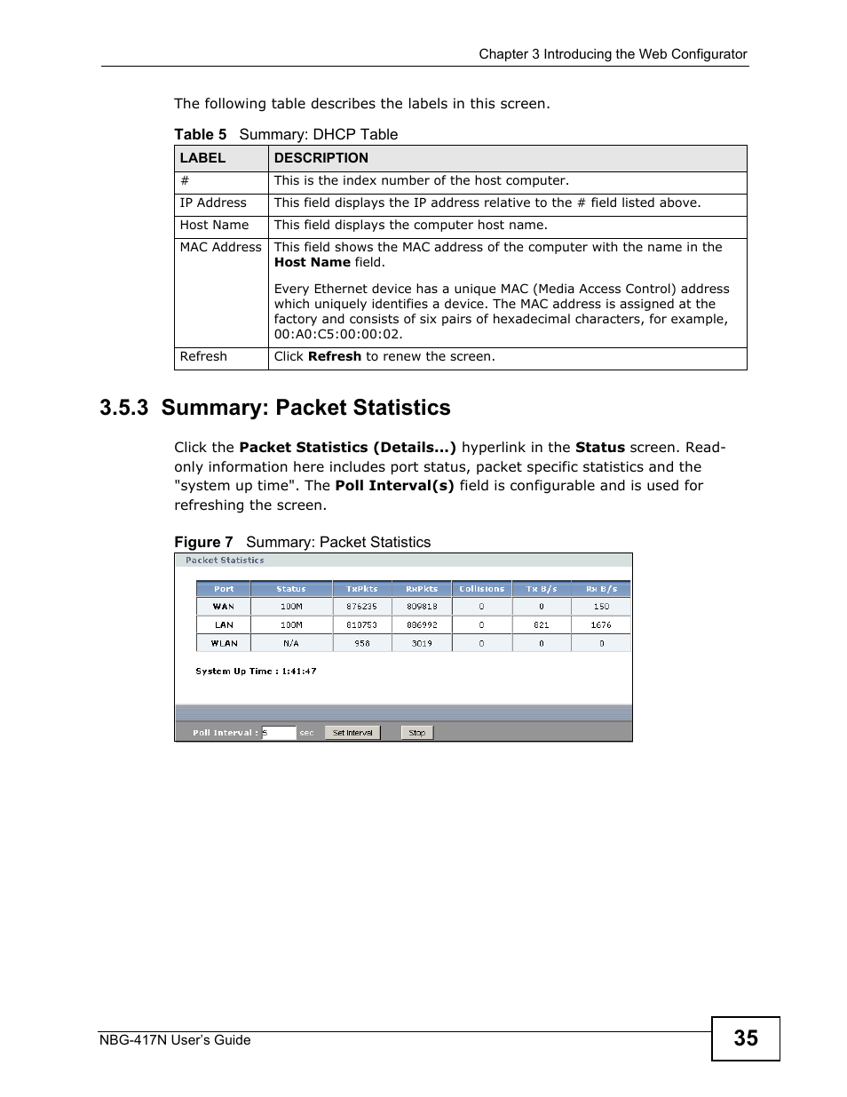3 summary: packet statistics | ZyXEL Communications NBG-417N User Manual | Page 35 / 270