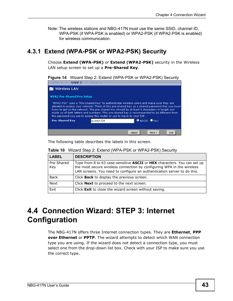1 extend (wpa-psk or wpa2-psk) security, Tion, skip directly to | ZyXEL Communications NBG-417N User Manual | Page 43 / 270