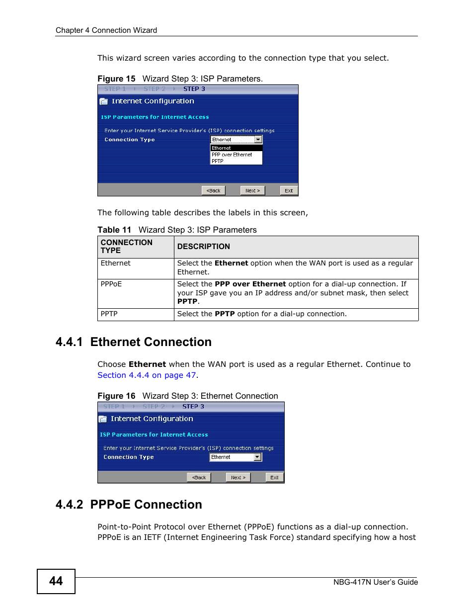 1 ethernet connection, 2 pppoe connection, 1 ethernet connection 4.4.2 pppoe connection | ZyXEL Communications NBG-417N User Manual | Page 44 / 270