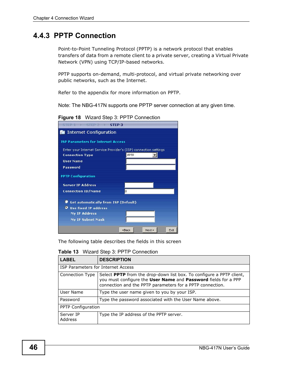 3 pptp connection | ZyXEL Communications NBG-417N User Manual | Page 46 / 270