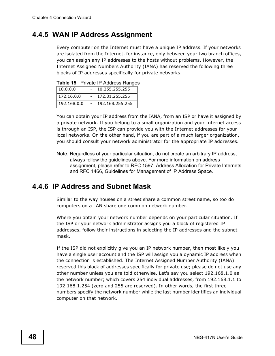 5 wan ip address assignment, 6 ip address and subnet mask | ZyXEL Communications NBG-417N User Manual | Page 48 / 270