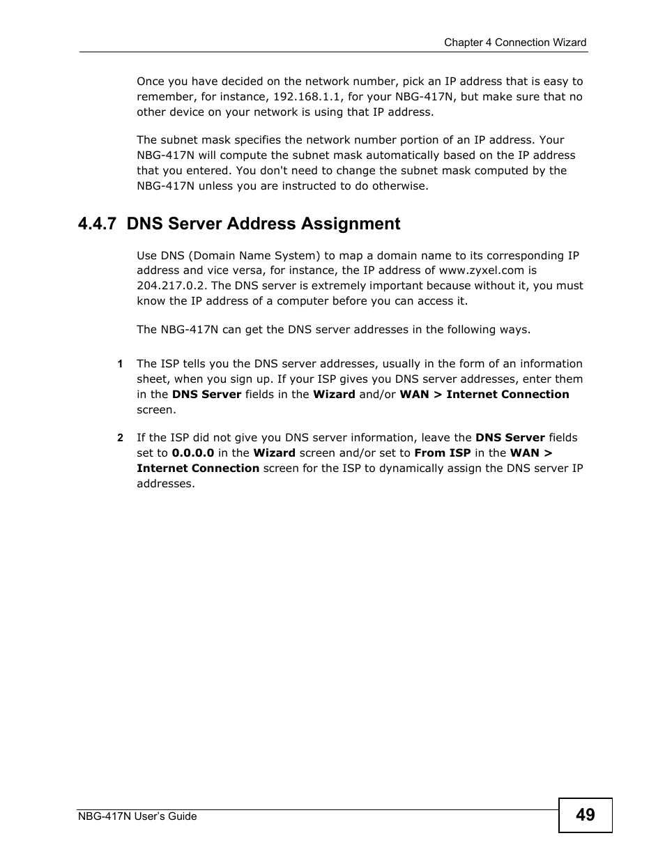 7 dns server address assignment | ZyXEL Communications NBG-417N User Manual | Page 49 / 270