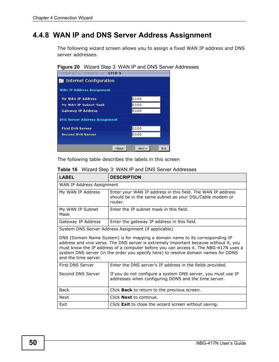 8 wan ip and dns server address assignment | ZyXEL Communications NBG-417N User Manual | Page 50 / 270