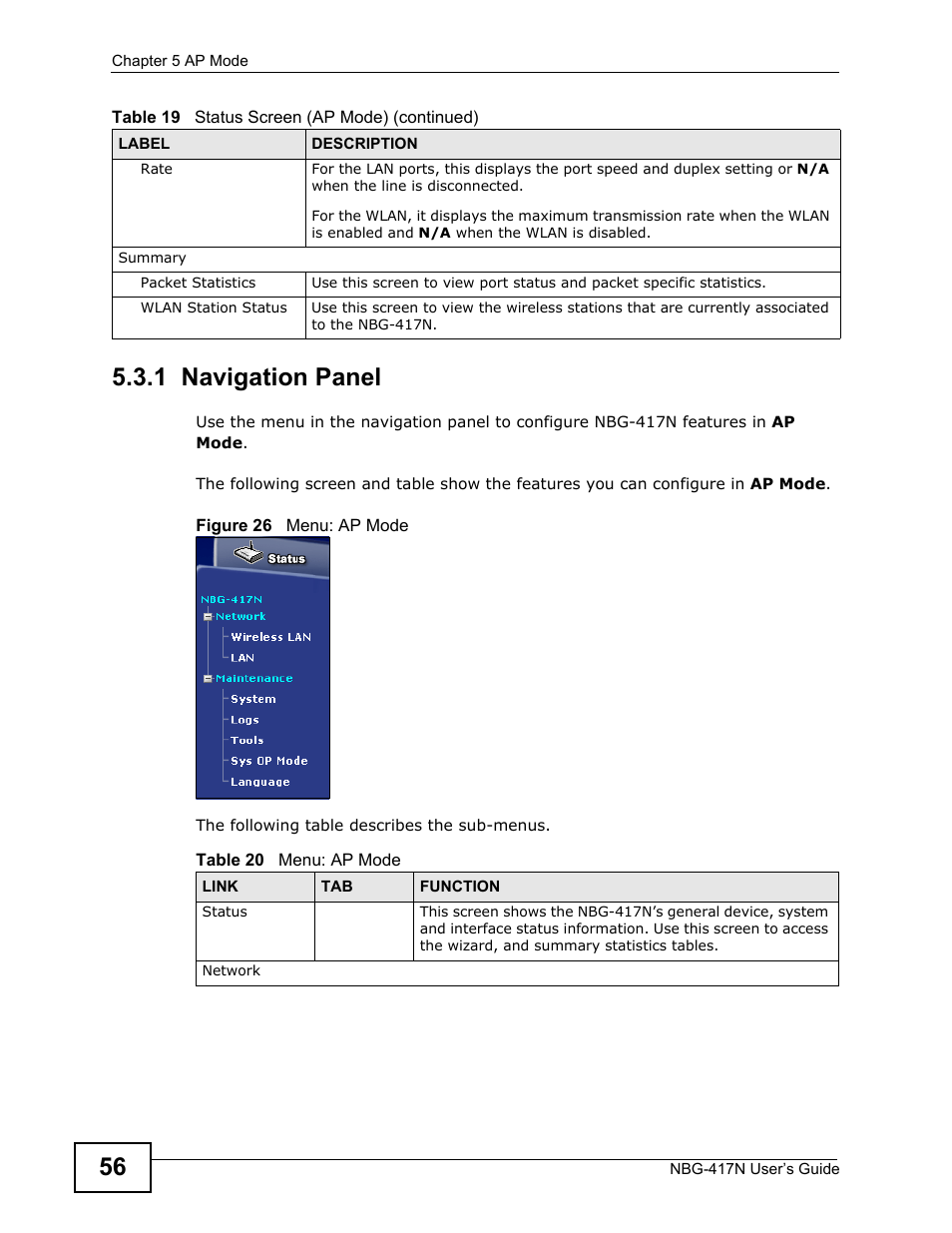 1 navigation panel | ZyXEL Communications NBG-417N User Manual | Page 56 / 270