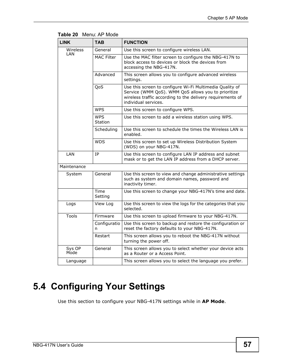 4 configuring your settings | ZyXEL Communications NBG-417N User Manual | Page 57 / 270