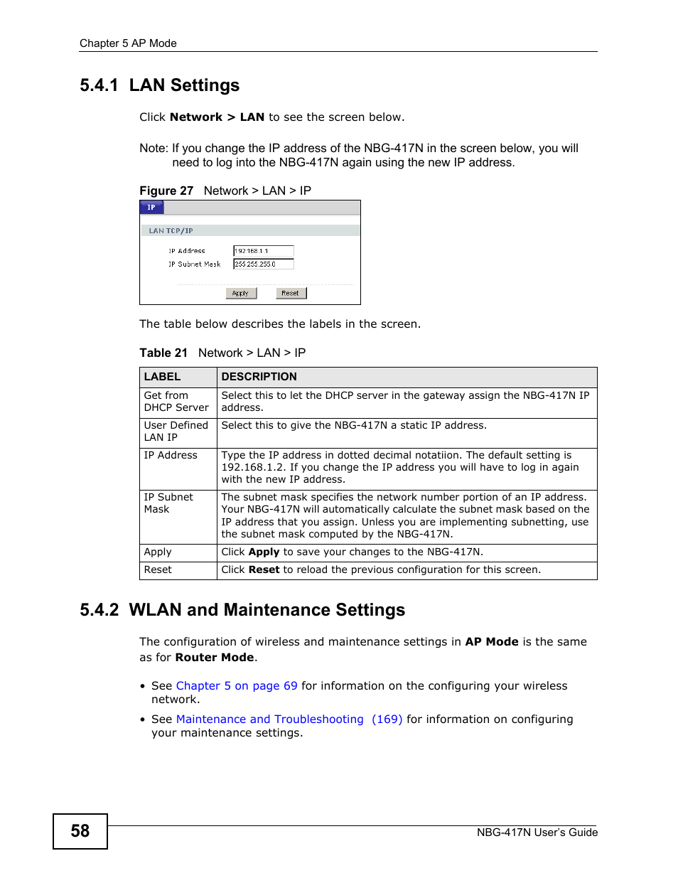 1 lan settings, 2 wlan and maintenance settings, 1 lan settings 5.4.2 wlan and maintenance settings | ZyXEL Communications NBG-417N User Manual | Page 58 / 270