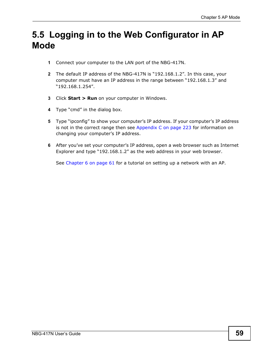 5 logging in to the web configurator in ap mode | ZyXEL Communications NBG-417N User Manual | Page 59 / 270