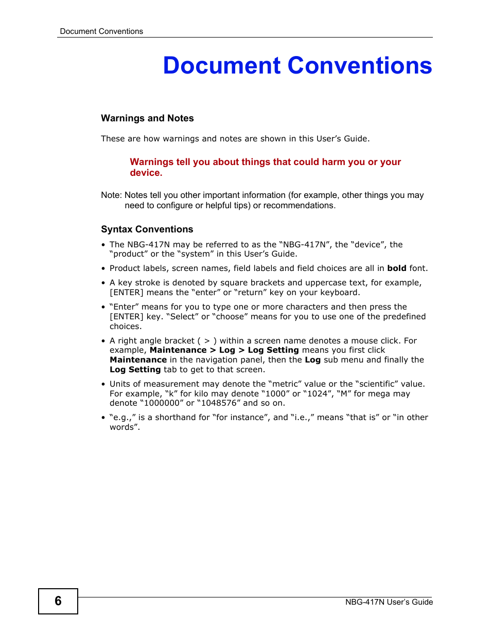Document conventions | ZyXEL Communications NBG-417N User Manual | Page 6 / 270