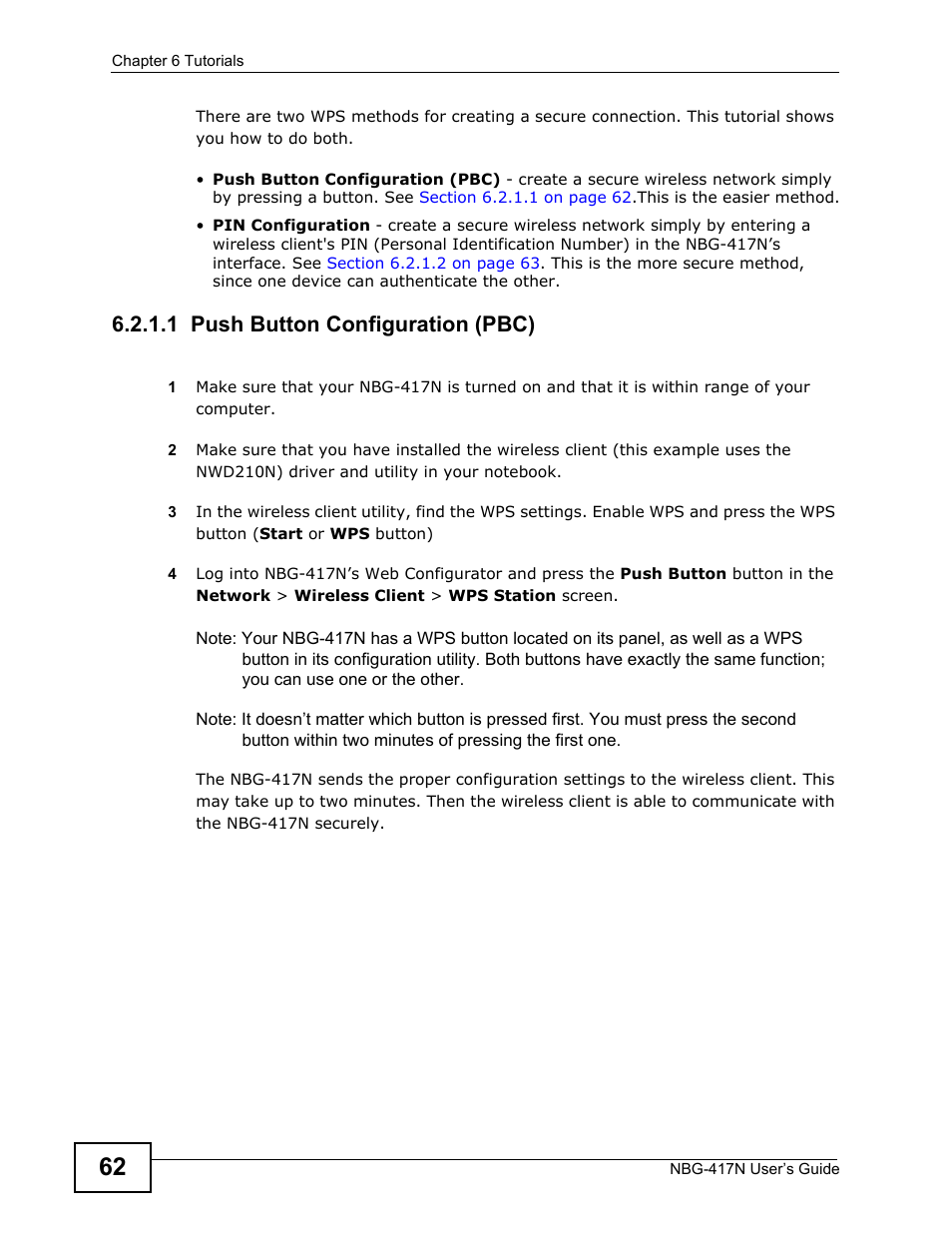 1 push button configuration (pbc) | ZyXEL Communications NBG-417N User Manual | Page 62 / 270